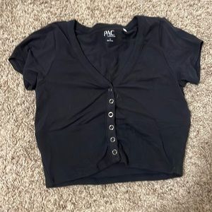 button up v neck black crop top